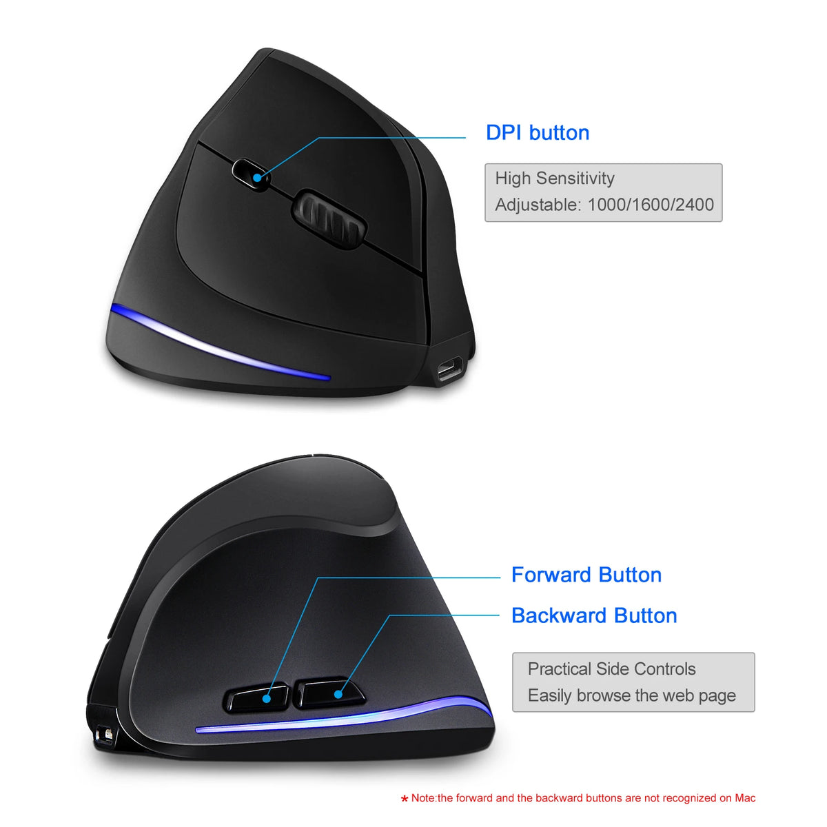 Lefon F35 Wireless Mouse Vertical Rechargeable Ergonomic Mouse 2400 DPI Optical Gaming Mice for Gamer Computer Laptop PC Mac IOS