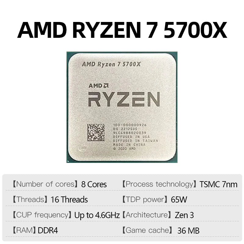 AMD Ryzen 7 5700X CPU AMD R7 5700X Processor Up to 4.6GHz 8-Core 16-Thread Socket AM4 Desktop Gaming CPU for PC Gamer