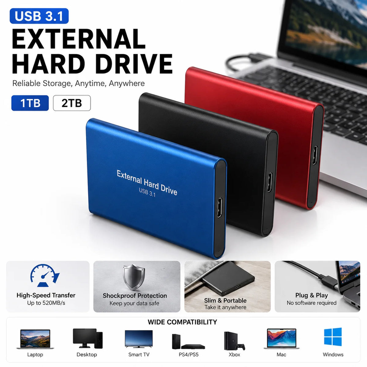 Portable SSD Drive USB Type-C for Computer File Backup