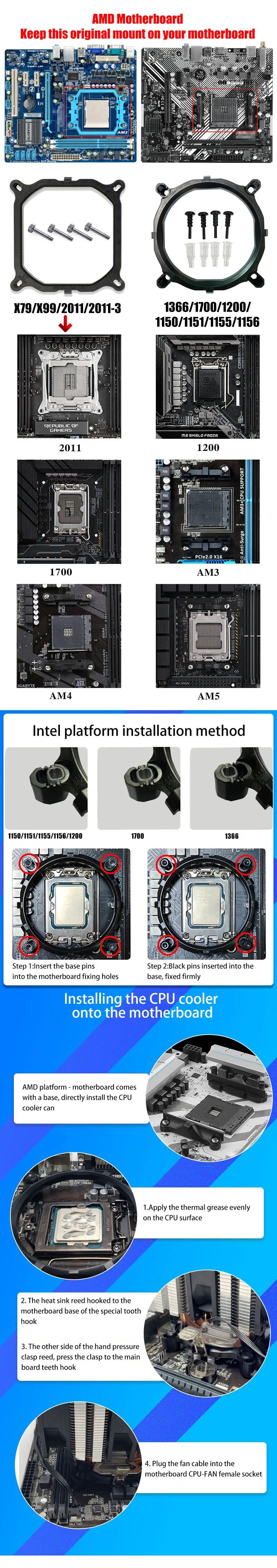 CPU Air Cooler X79 X99 3Pin PWM 4Pin Quiet Processor Cooling Fan For Intel LGA 1151 1155 1200 1700 2011 AMD AM3 AM4 PC Radiator