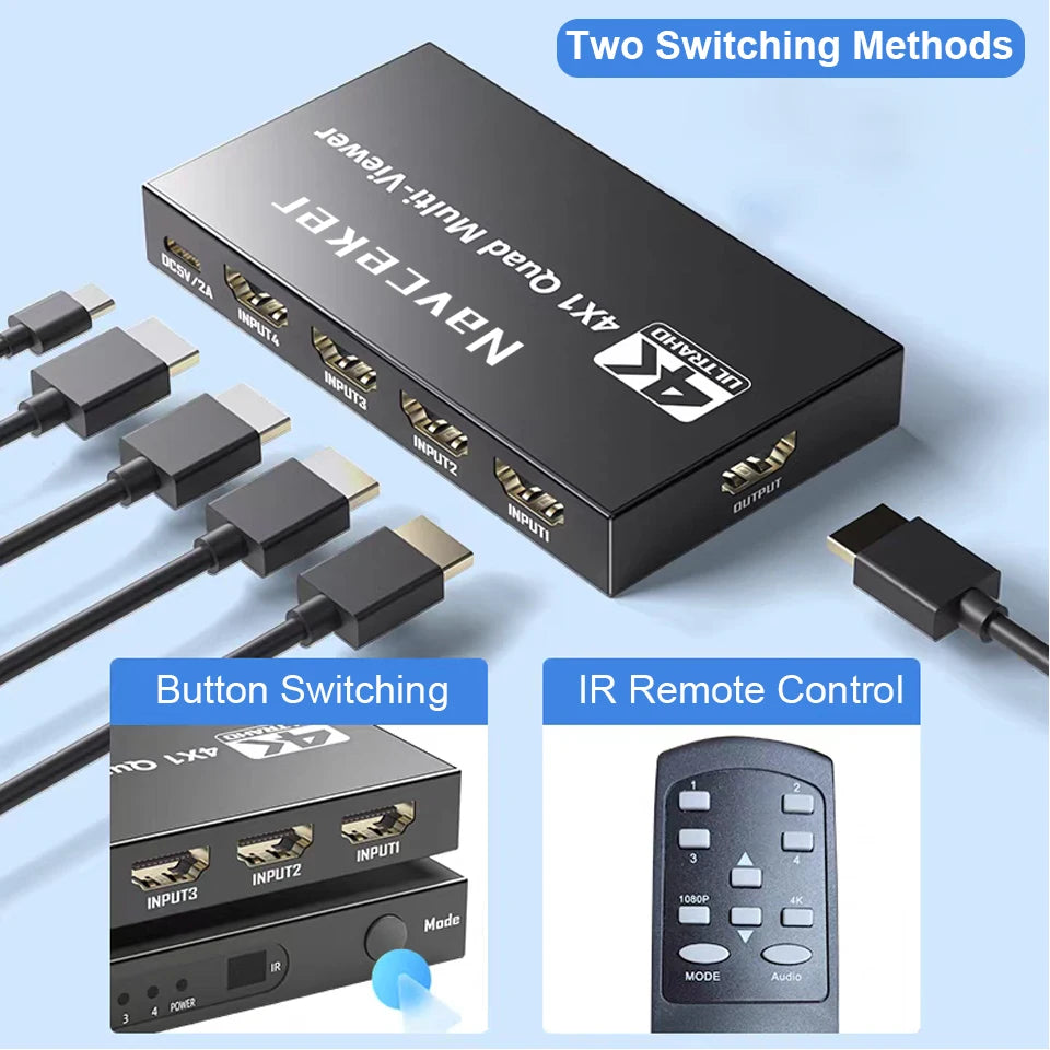Navceker 4K HDMI-compatible Multiviewer 4x1 Quad Screen Multi Viewer 4 in 1 out Seamless HDMI Switcher with Remote for TV Laptop