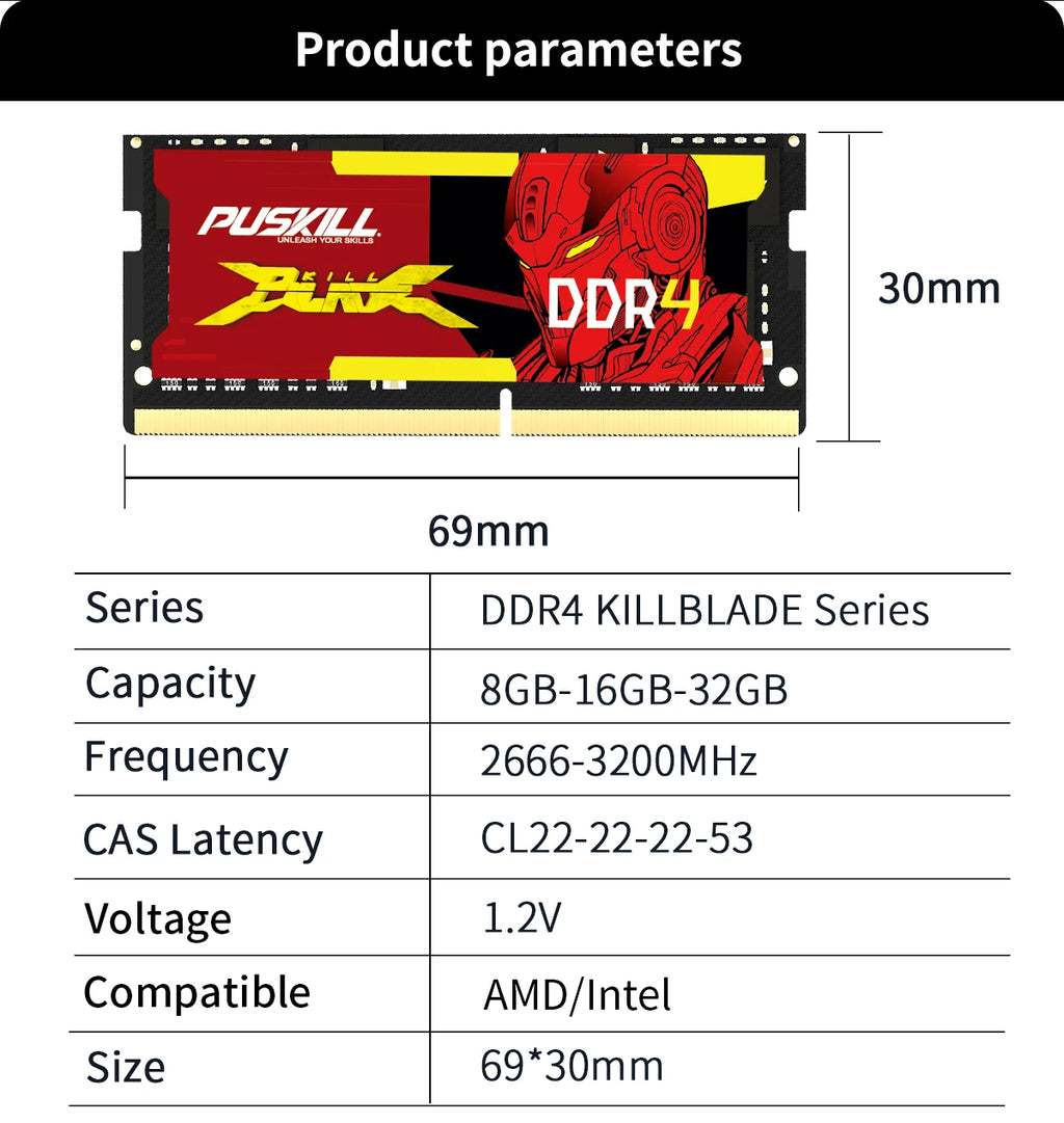 PUSKILL DDR4 DDR3L Memoria Ram Notebook 32GB 16GB 8GB 4GB 3200 2666 2400 1600 1333 Sodimm Laptop Memory