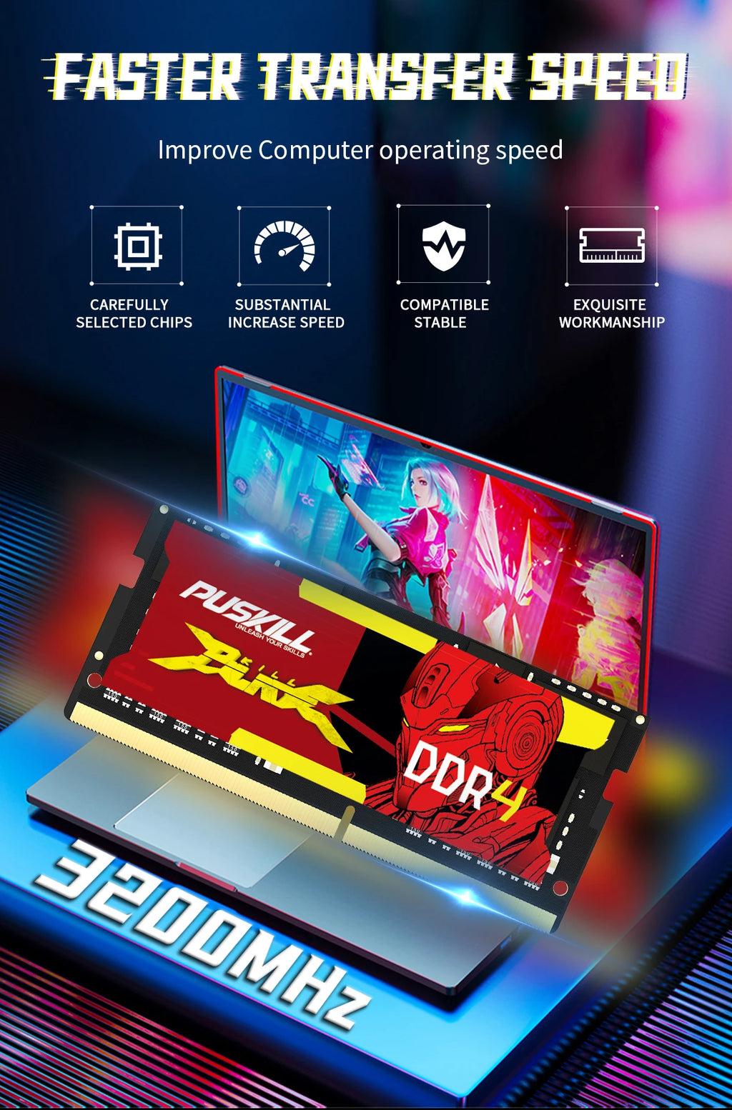 PUSKILL DDR4 DDR3L Memoria Ram Notebook 32GB 16GB 8GB 4GB 3200 2666 2400 1600 1333 Sodimm Laptop Memory