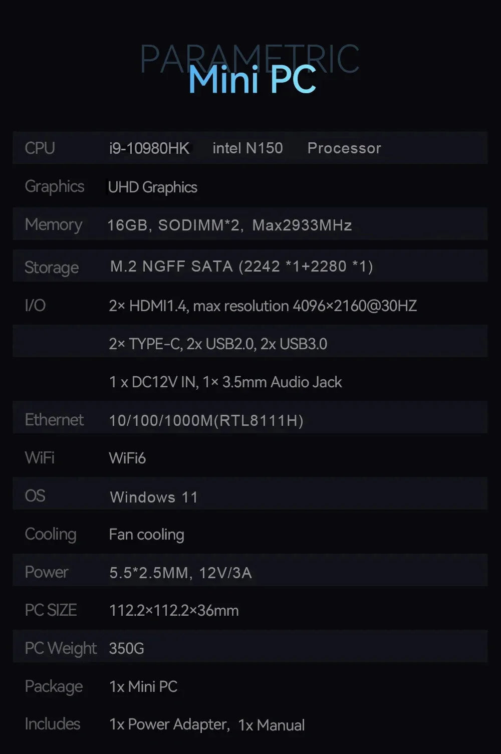 Windows 11 MiniPC Intel Core i9 10980HK Intel N150 16GB 32GB RAM WIFI6 BT5.2 4K 1TB 2TB SSD 1000Mbps Protable Gaming Computer PC