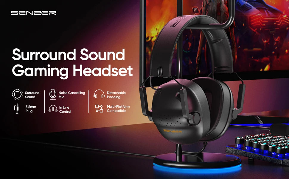 SENZER SG500 Surround Sound Pro Gaming Headset with Noise Cancelling Microphone-Portable Foldable Headphones for PC,PS4,PS5,Xbox