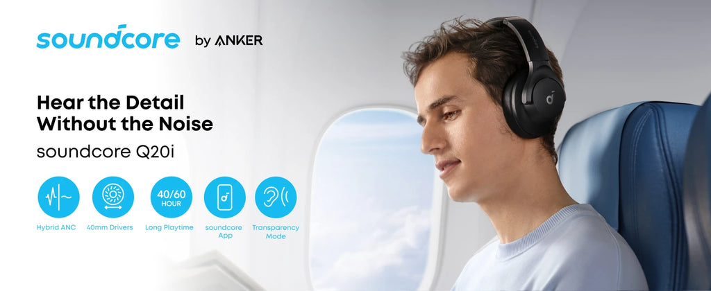Soundcore by Anker Q20i Hybrid Active Noise Cancelling Headphones, Wireless Over-Ear Bluetooth, 40H ANC Playtime, Hi-Res Audio