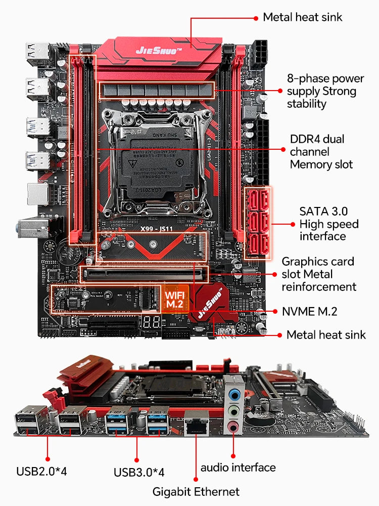 JIESHUO X99-JS11 Motherboard Set Kit With LGA2011-3 Xeon E5 2682V4  DDR4 16GB 2133MHZ RAM Memory NVME M.2 SATA support TPM 2.0