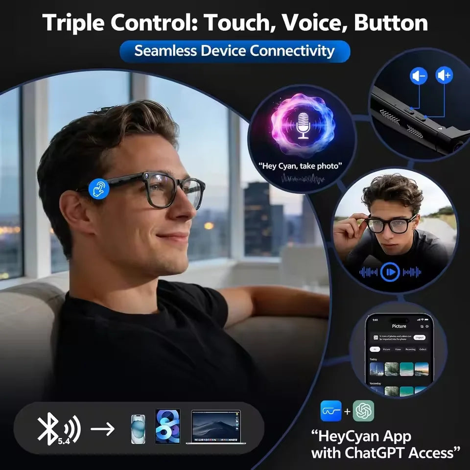 Smart AI Glasses 1080P HD Camera Video Recorder Bluetooth 5.4 Wireless Audio Headphones IP65 Waterproof Sport Men Women Eyewear