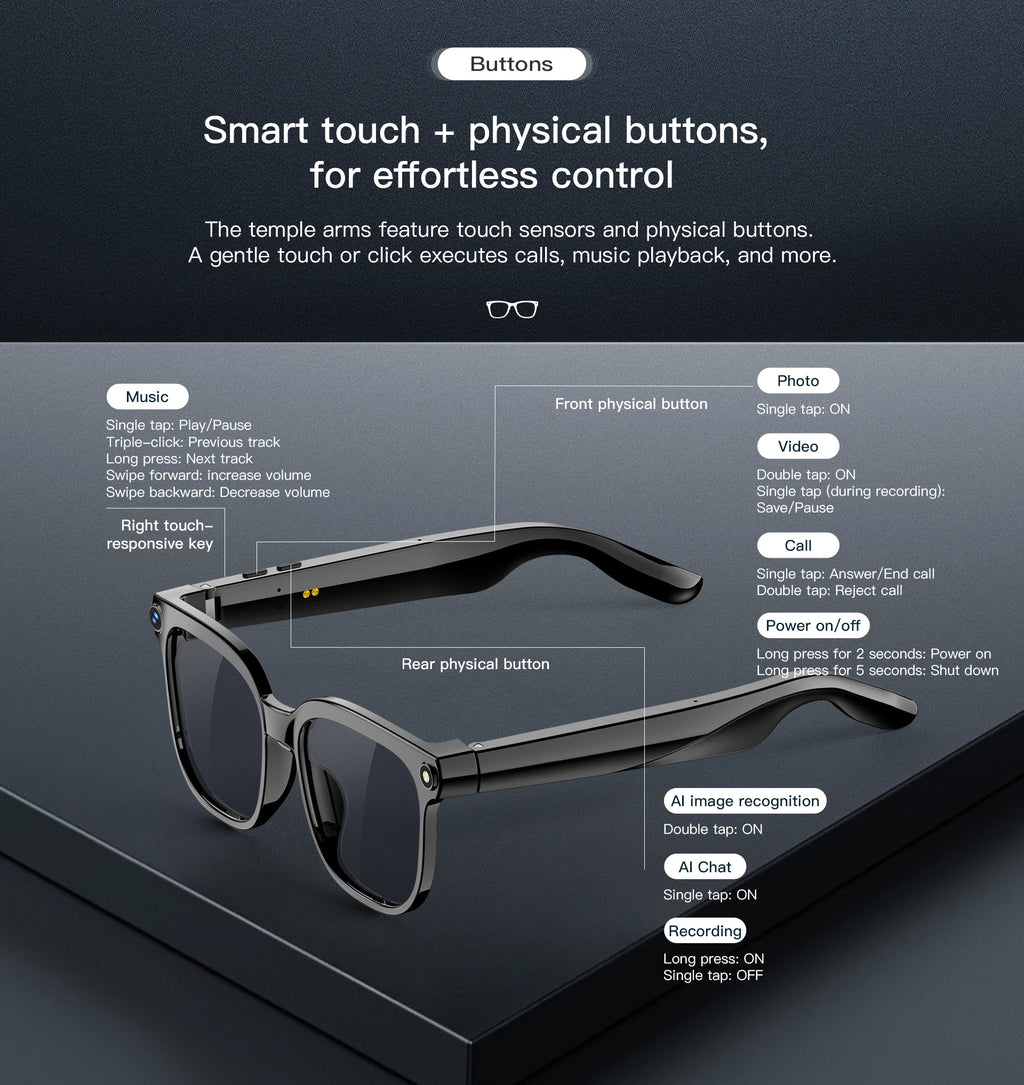 Smart AI Glasses 1080P HD Camera Video Recorder Bluetooth 5.4 Wireless Audio Headphones IP65 Waterproof Sport Men Women Eyewear