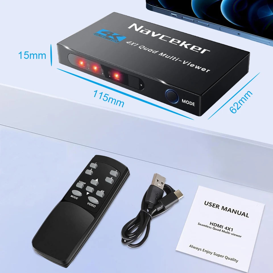 Navceker 4K HDMI-compatible Multiviewer 4x1 Quad Screen Multi Viewer 4 in 1 out Seamless HDMI Switcher with Remote for TV Laptop