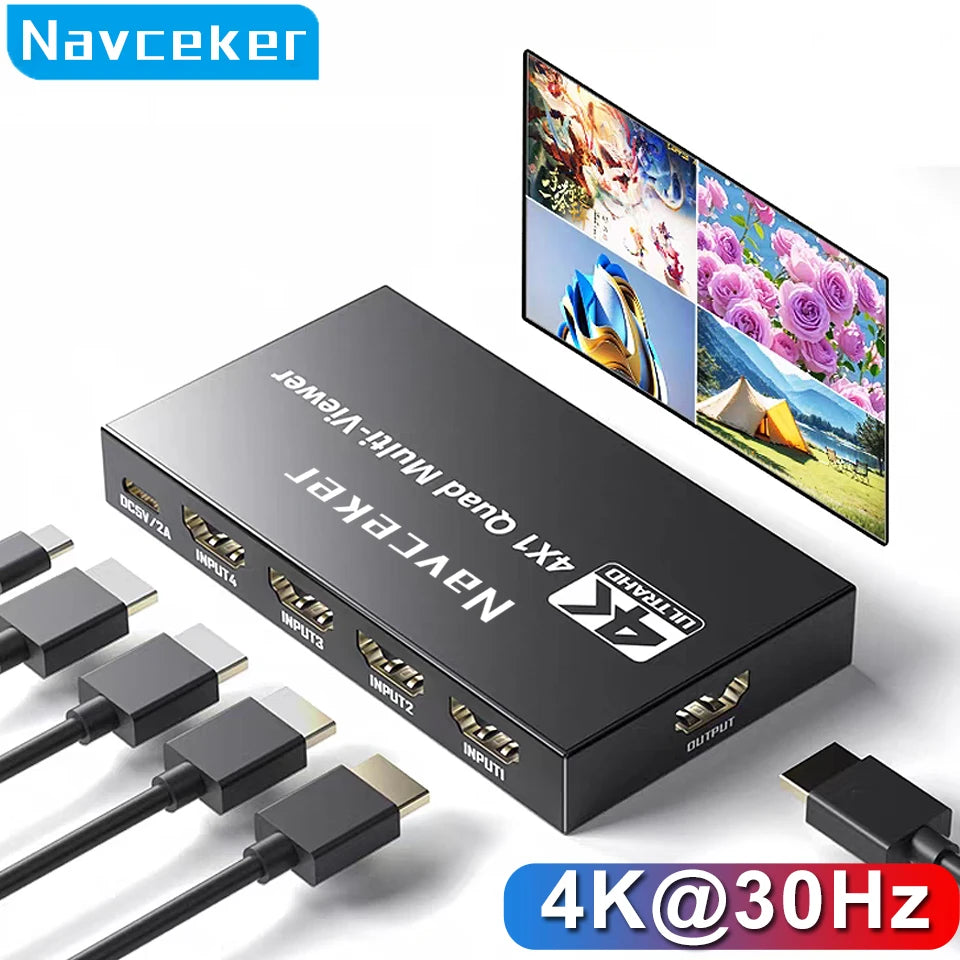 Navceker 4K HDMI-compatible Multiviewer 4x1 Quad Screen Multi Viewer 4 in 1 out Seamless HDMI Switcher with Remote for TV Laptop