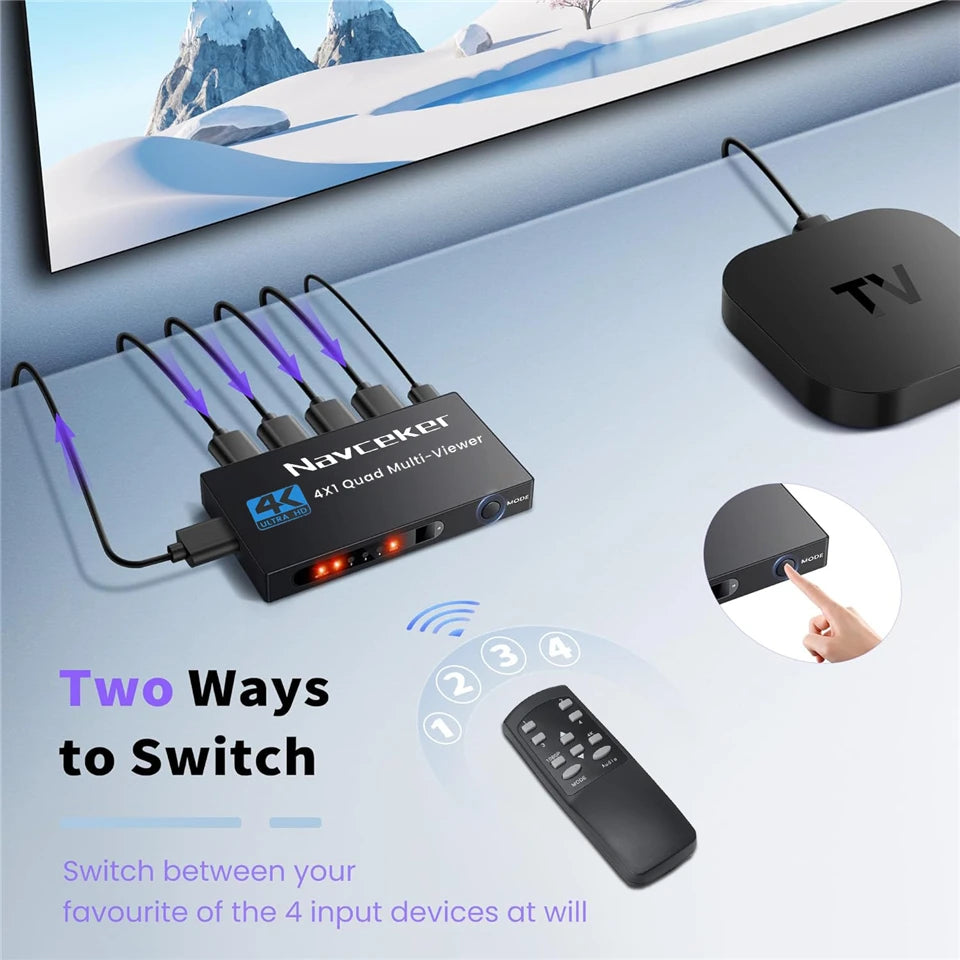 Navceker 4K HDMI-compatible Multiviewer 4x1 Quad Screen Multi Viewer 4 in 1 out Seamless HDMI Switcher with Remote for TV Laptop